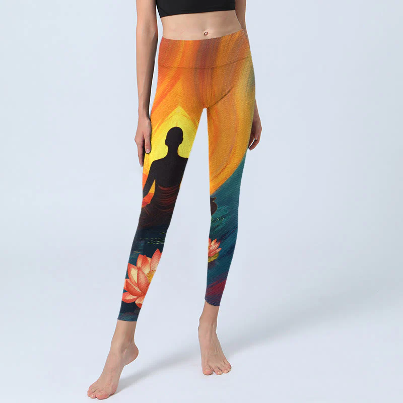 Buddha Stones Leggings da palestra con stampa di fiori di loto e figura meditativa, pantaloni da yoga da donna - Image 6