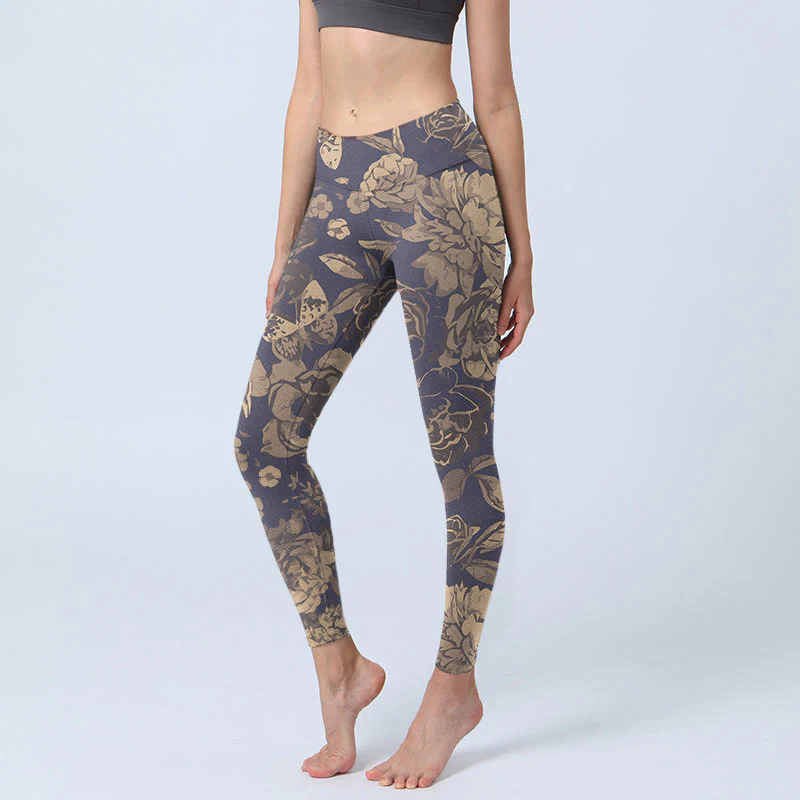 Buddha Stones Leggings da palestra con stampa di fiori, farfalle e foglie, pantaloni da yoga da donna, stile retrò