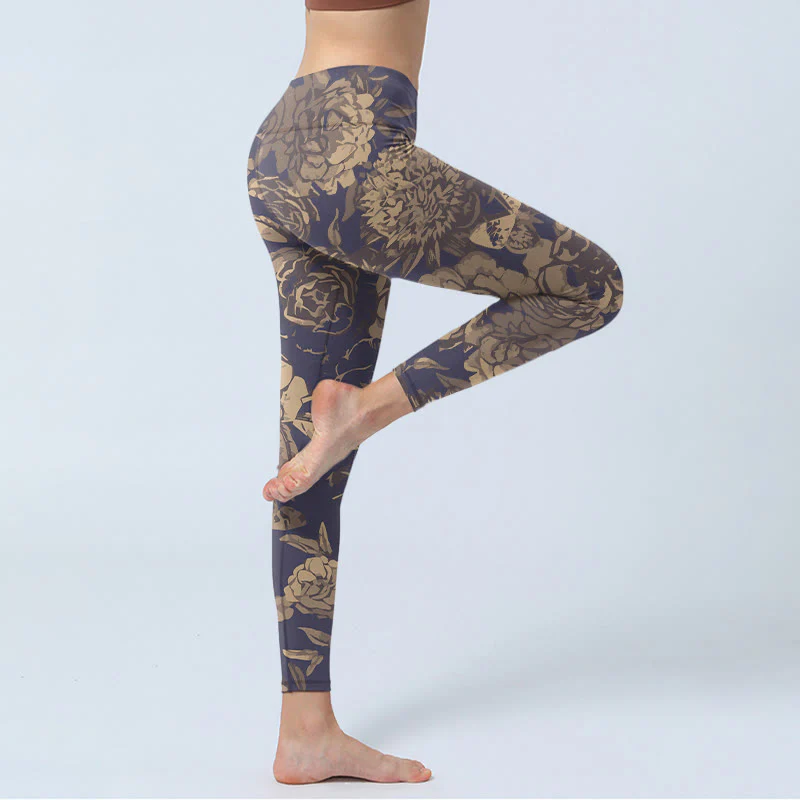 Buddha Stones Leggings da palestra con stampa di fiori, farfalle e foglie, pantaloni da yoga da donna, stile retrò - Image 4