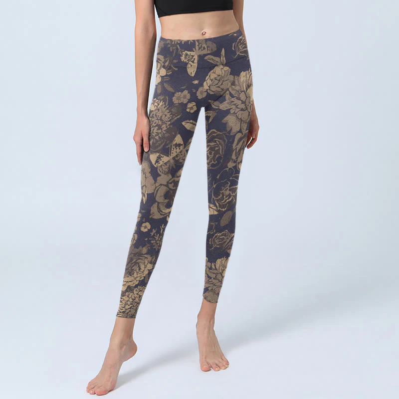 Buddha Stones Leggings da palestra con stampa di fiori, farfalle e foglie, pantaloni da yoga da donna, stile retrò - Image 6
