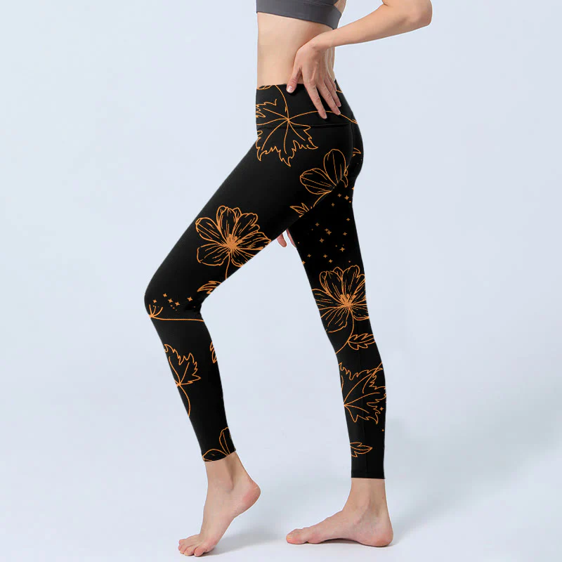 Buddha Stones Leggings da palestra con stampa di fiori, foglie e stelle in stile minimalista, pantaloni da yoga da donna - Image 3