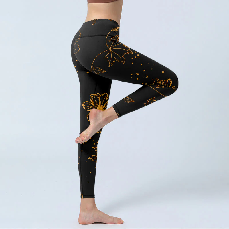 Buddha Stones Leggings da palestra con stampa di fiori, foglie e stelle in stile minimalista, pantaloni da yoga da donna - Image 4