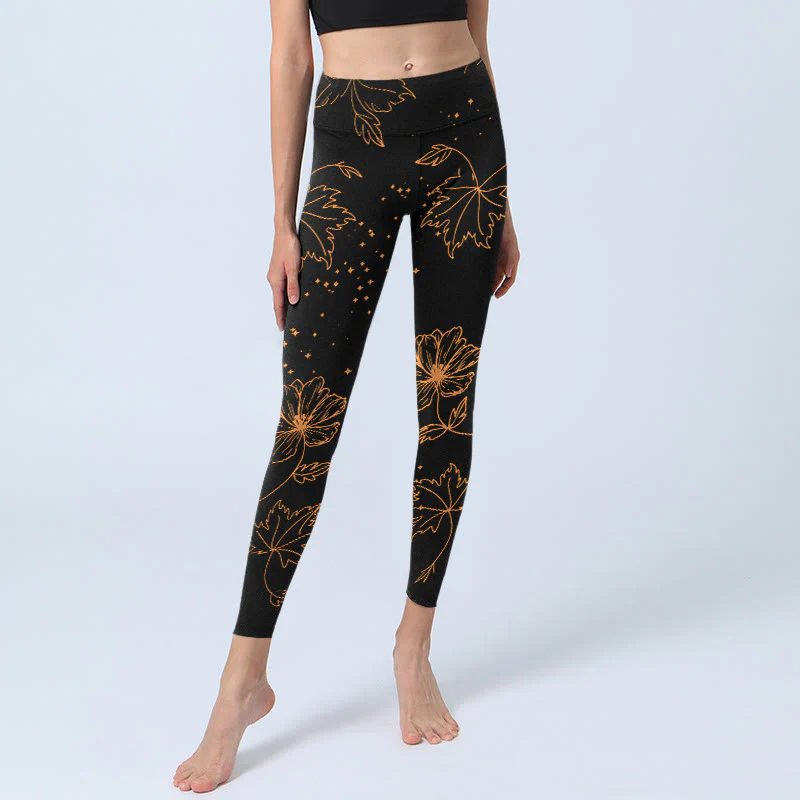 Buddha Stones Leggings da palestra con stampa di fiori, foglie e stelle in stile minimalista, pantaloni da yoga da donna - Image 6