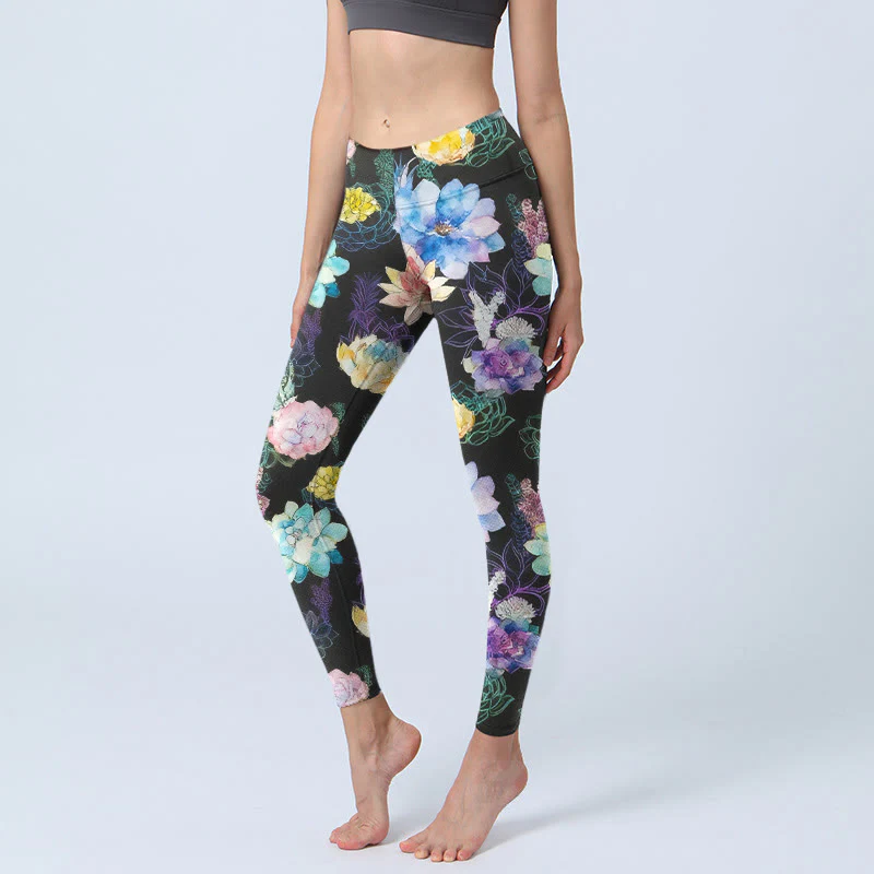 Buddha Stones Leggings da palestra con stampa di fiori in stile acquerello colorato, pantaloni da yoga da donna