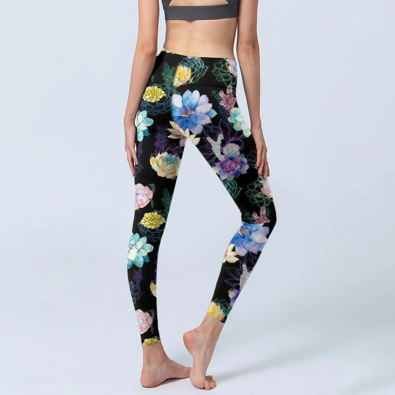 Buddha Stones Leggings da palestra con stampa di fiori in stile acquerello colorato, pantaloni da yoga da donna - Image 5