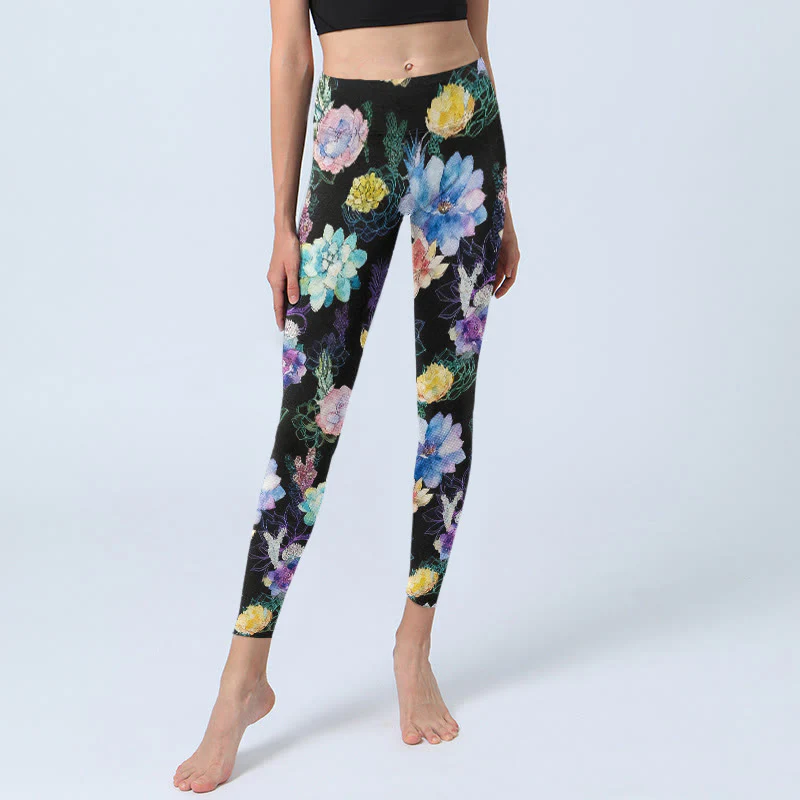 Buddha Stones Leggings da palestra con stampa di fiori in stile acquerello colorato, pantaloni da yoga da donna - Image 6