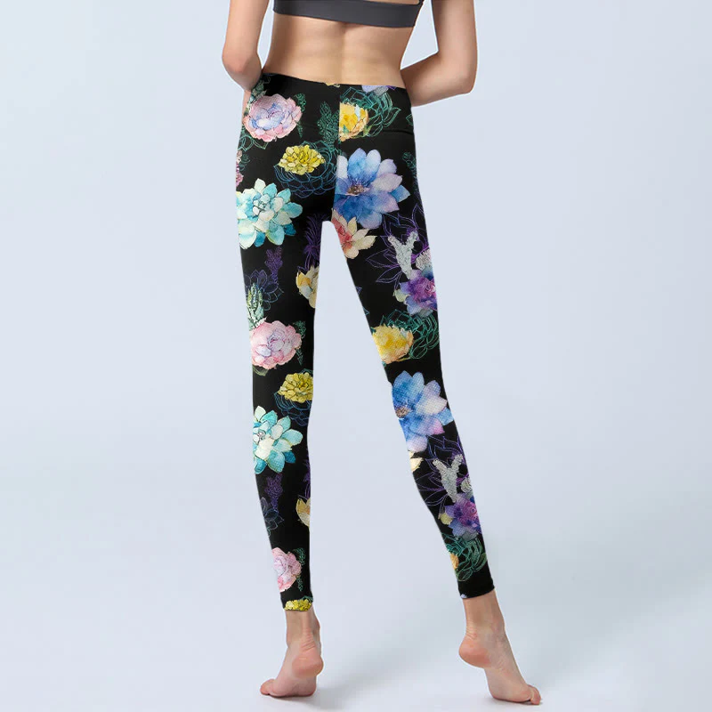Buddha Stones Leggings da palestra con stampa di fiori in stile acquerello colorato, pantaloni da yoga da donna - Image 7