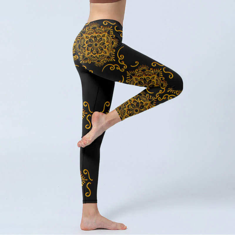 Buddha Stones Leggings da palestra con stampa di fiori mandala dorati, pantaloni da yoga da donna - Image 4
