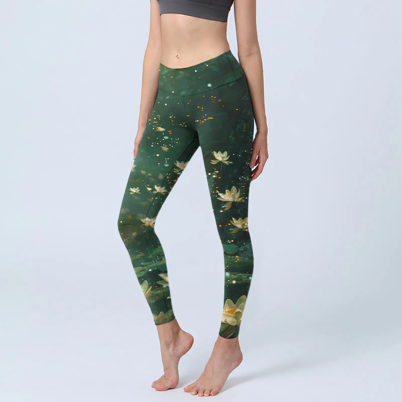 Buddha Stones Leggings da palestra con stampa di foglie di fiori di loto da sogno, pantaloni da yoga da donna