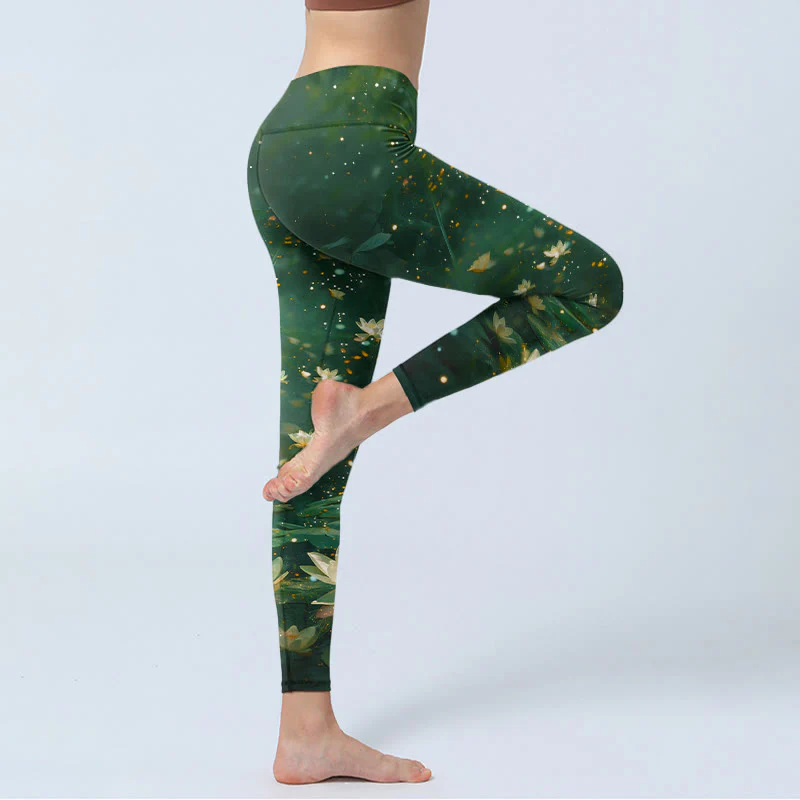 Buddha Stones Leggings da palestra con stampa di foglie di fiori di loto da sogno, pantaloni da yoga da donna - Image 4