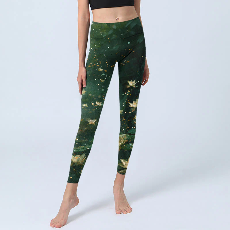Buddha Stones Leggings da palestra con stampa di foglie di fiori di loto da sogno, pantaloni da yoga da donna - Image 6