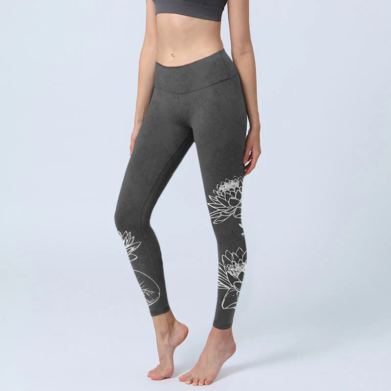 Buddha Stones Leggings da palestra con stampa di foglie e fiori di loto bianchi, pantaloni da yoga da donna