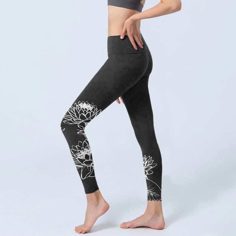 Buddha Stones Leggings da palestra con stampa di foglie e fiori di loto bianchi, pantaloni da yoga da donna - Image 3