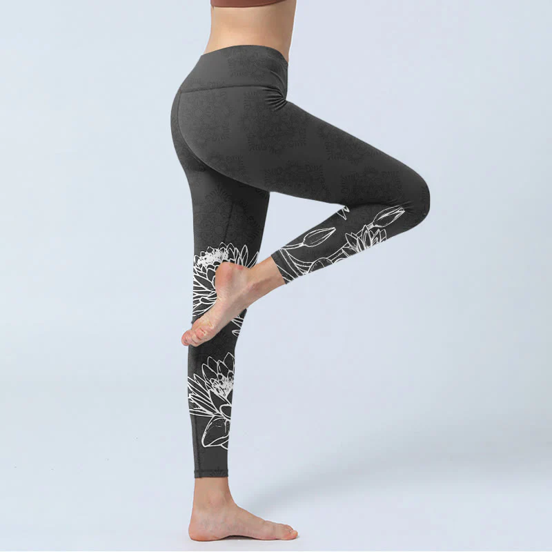 Buddha Stones Leggings da palestra con stampa di foglie e fiori di loto bianchi, pantaloni da yoga da donna - Image 4