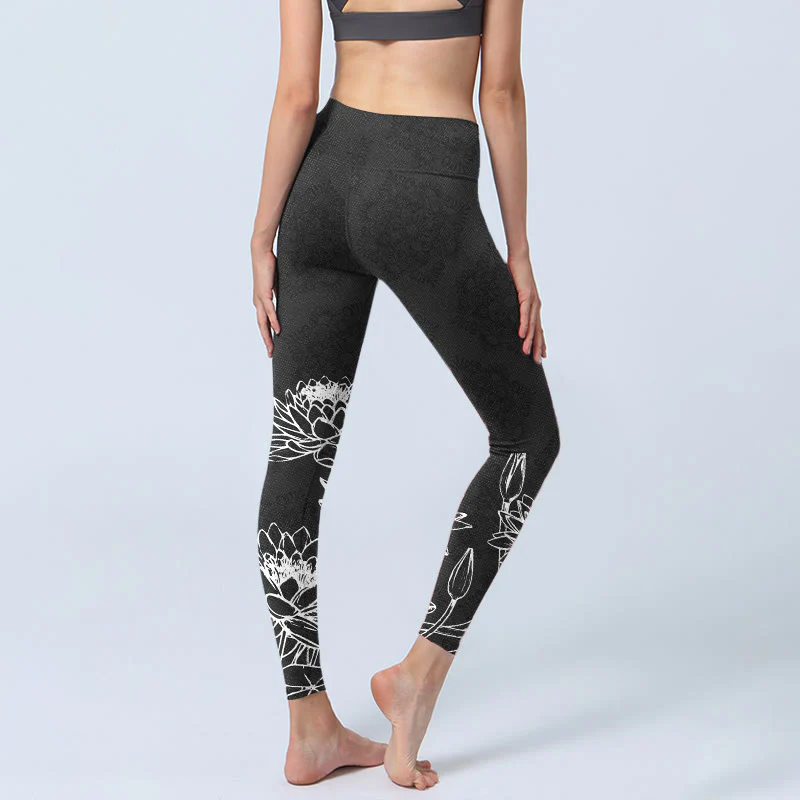 Buddha Stones Leggings da palestra con stampa di foglie e fiori di loto bianchi, pantaloni da yoga da donna - Image 5