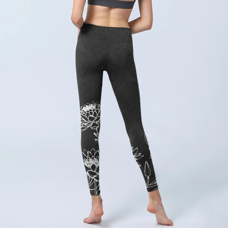Buddha Stones Leggings da palestra con stampa di foglie e fiori di loto bianchi, pantaloni da yoga da donna - Image 7