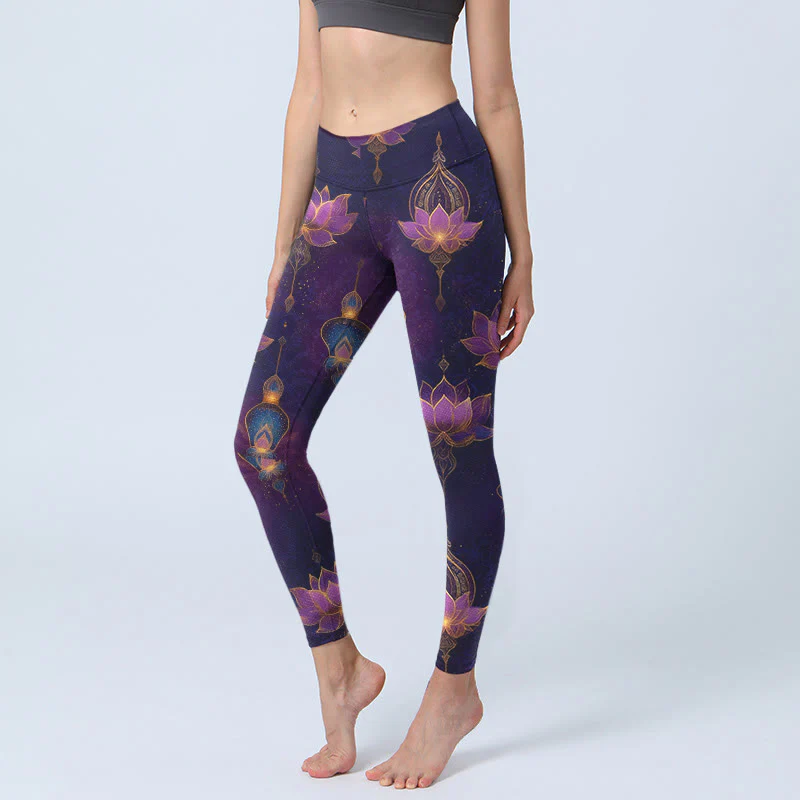 Buddha Stones Leggings da palestra con stampa di lanterne a forma di fiore di loto da sogno, pantaloni da yoga da donna