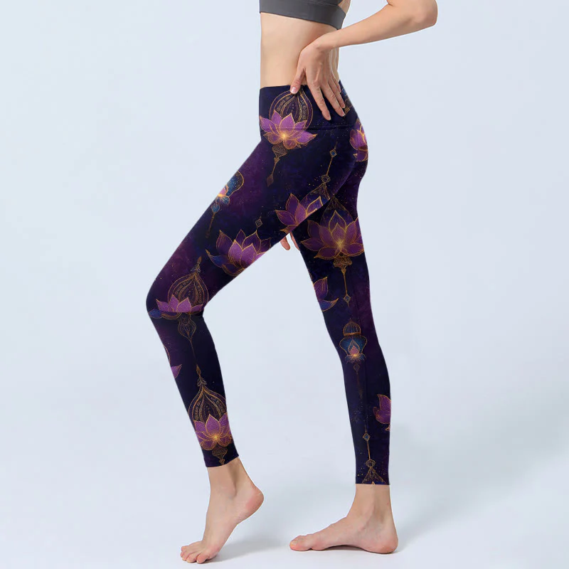Buddha Stones Leggings da palestra con stampa di lanterne a forma di fiore di loto da sogno, pantaloni da yoga da donna - Image 3