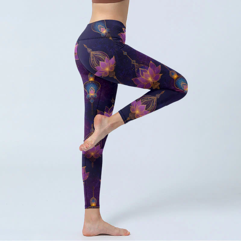 Buddha Stones Leggings da palestra con stampa di lanterne a forma di fiore di loto da sogno, pantaloni da yoga da donna - Image 4
