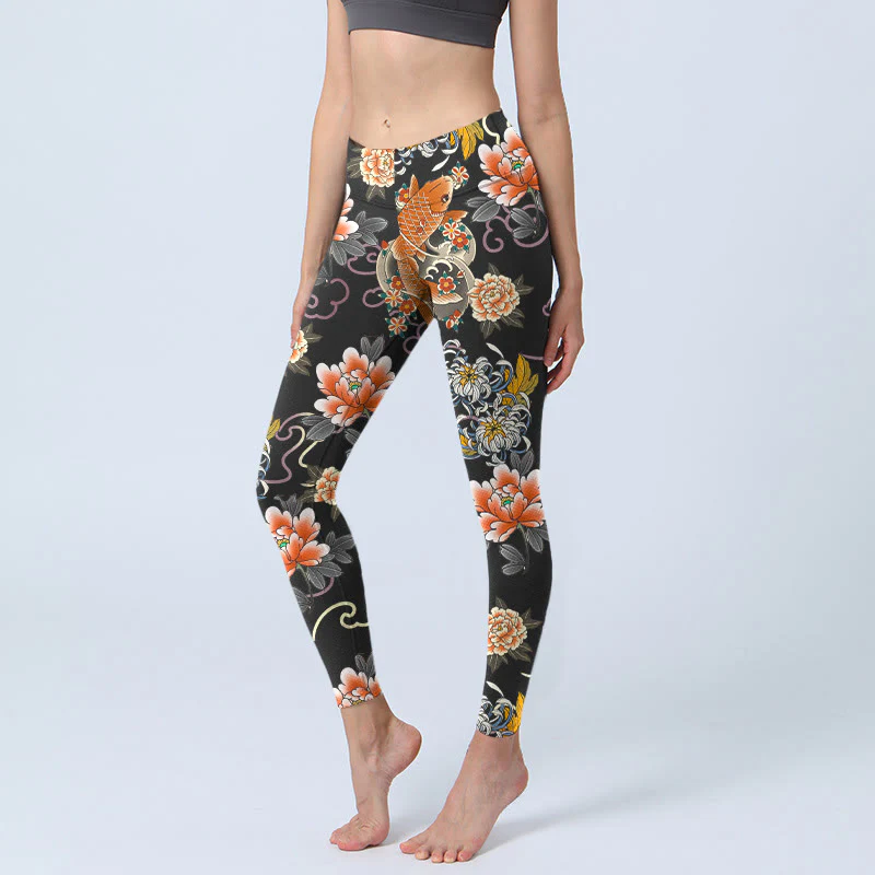 Buddha Stones Leggings da palestra con stampa di motivo a nuvole, peonie e pesci koi, pantaloni da yoga da donna
