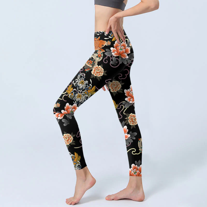 Buddha Stones Leggings da palestra con stampa di motivo a nuvole, peonie e pesci koi, pantaloni da yoga da donna - Image 3