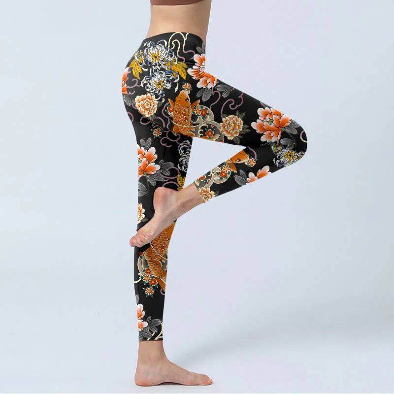 Buddha Stones Leggings da palestra con stampa di motivo a nuvole, peonie e pesci koi, pantaloni da yoga da donna - Image 4