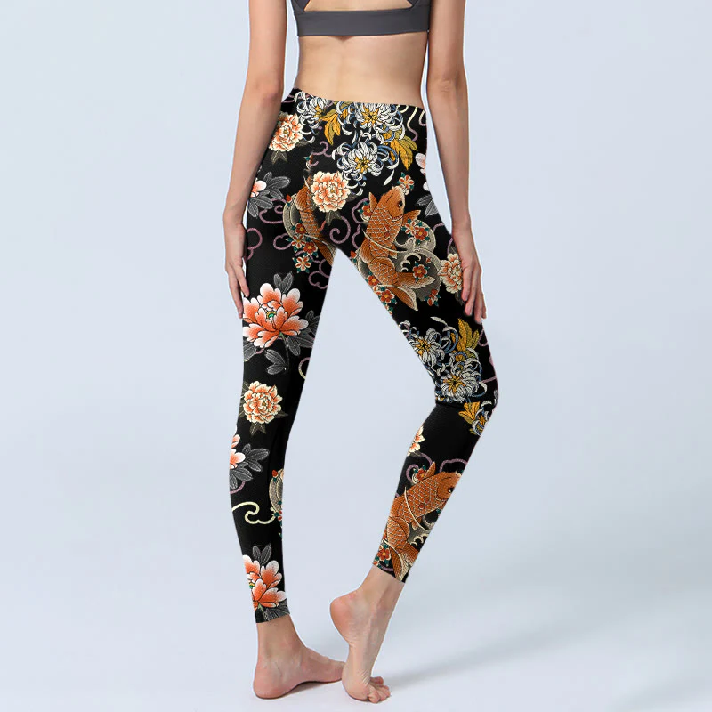 Buddha Stones Leggings da palestra con stampa di motivo a nuvole, peonie e pesci koi, pantaloni da yoga da donna - Image 5