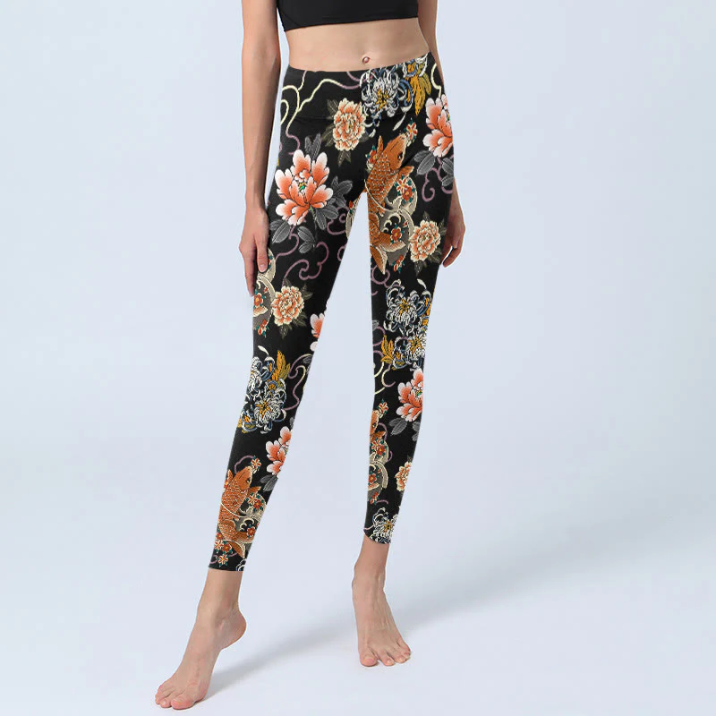 Buddha Stones Leggings da palestra con stampa di motivo a nuvole, peonie e pesci koi, pantaloni da yoga da donna - Image 6