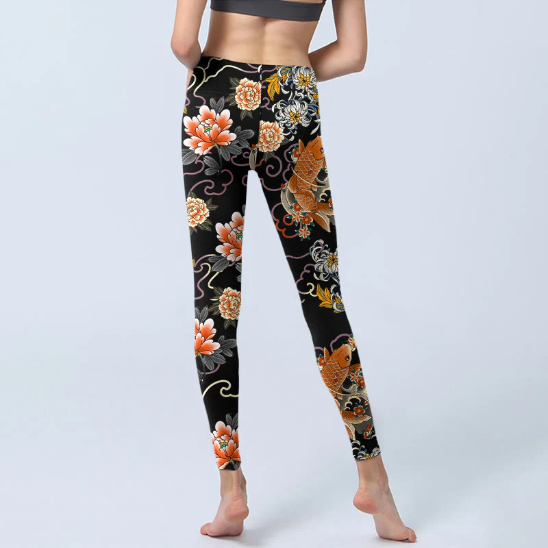 Buddha Stones Leggings da palestra con stampa di motivo a nuvole, peonie e pesci koi, pantaloni da yoga da donna - Image 7