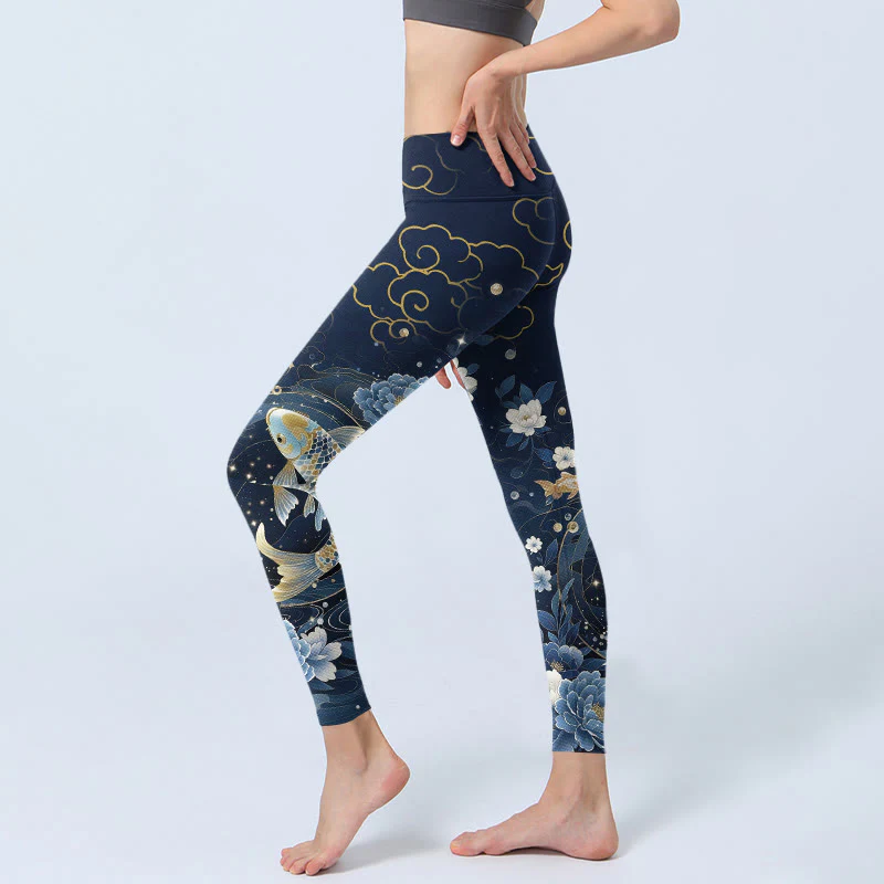 Buddha Stones Leggings da palestra con stampa di pesci koi e fiori di peonia blu e bianchi, pantaloni da yoga da donna - Image 3