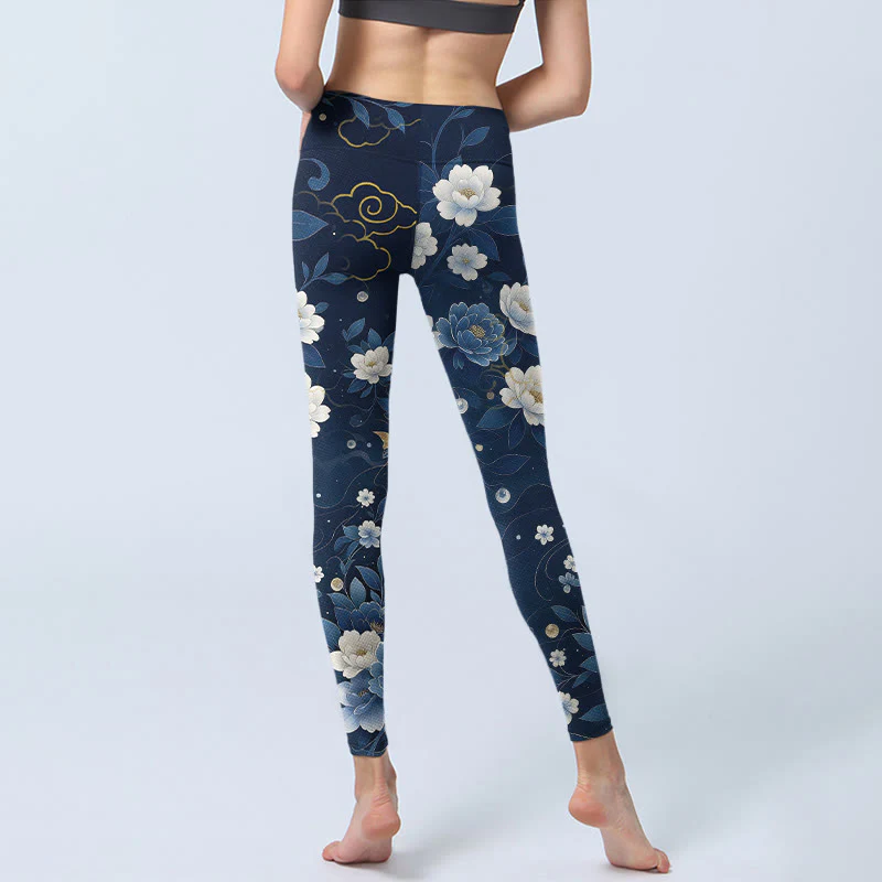 Buddha Stones Leggings da palestra con stampa di pesci koi e fiori di peonia blu e bianchi, pantaloni da yoga da donna - Image 7
