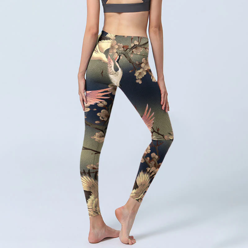 Buddha Stones Leggings da palestra con stampa di rami in fiore bianchi della gru bianca, pantaloni da yoga da donna - Image 5