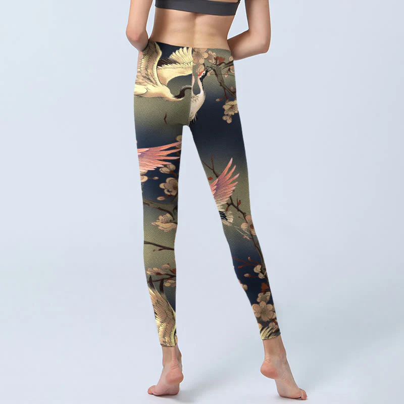 Buddha Stones Leggings da palestra con stampa di rami in fiore bianchi della gru bianca, pantaloni da yoga da donna - Image 7