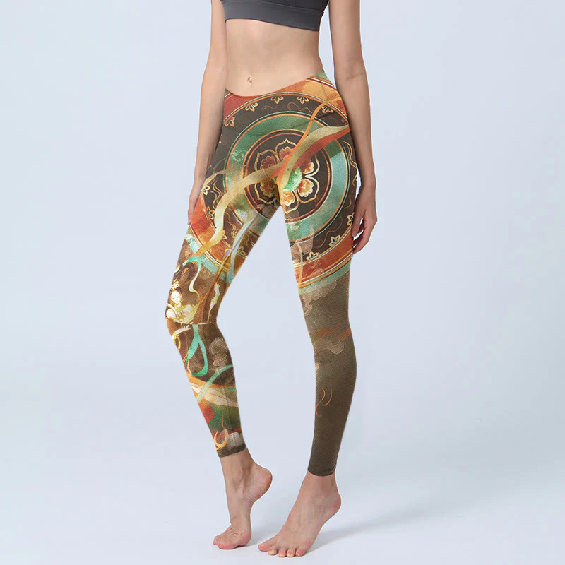 Buddha Stones Leggings da palestra con stampa mandala e motivo Flying Apsaras di Dunhuang, pantaloni da yoga da donna