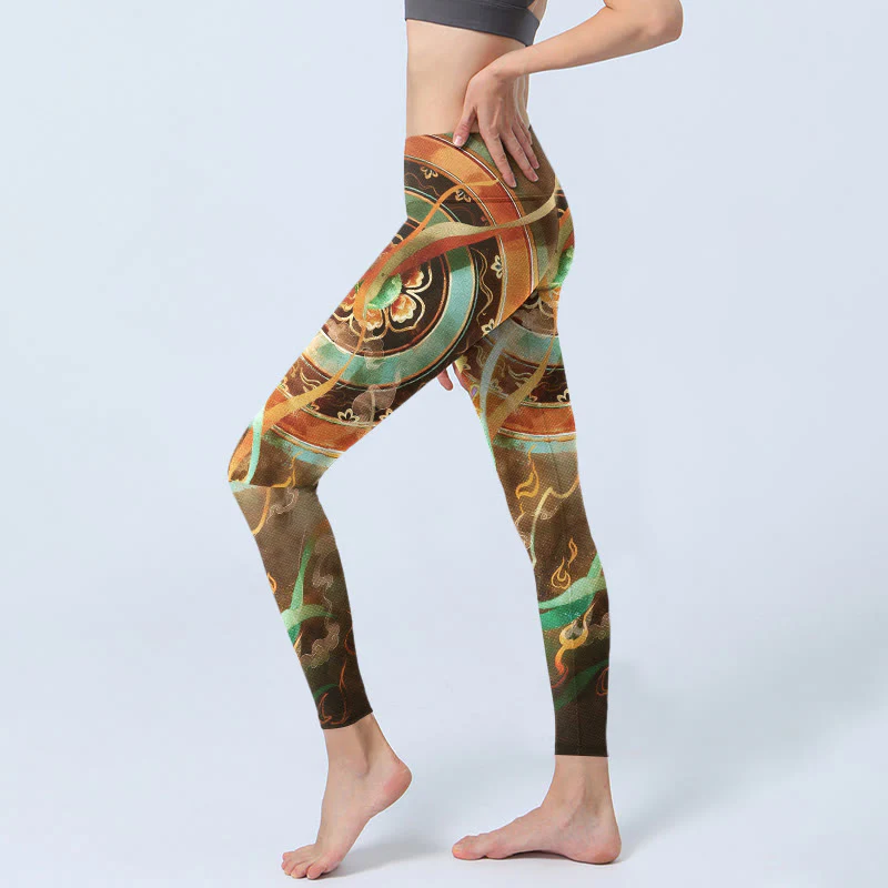 Buddha Stones Leggings da palestra con stampa mandala e motivo Flying Apsaras di Dunhuang, pantaloni da yoga da donna - Image 3