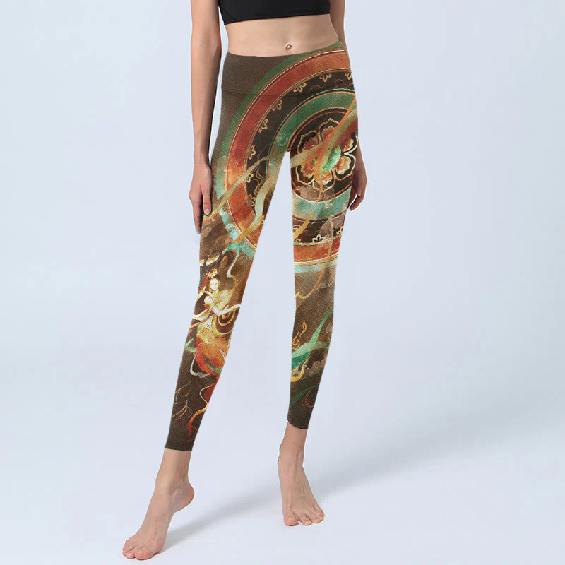Buddha Stones Leggings da palestra con stampa mandala e motivo Flying Apsaras di Dunhuang, pantaloni da yoga da donna - Image 6