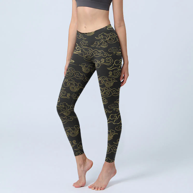 Buddha Stones Leggings da palestra con stampa nuvole dorate, pantaloni da yoga da donna