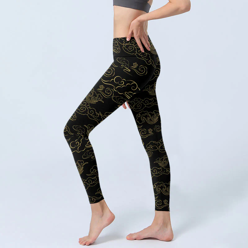 Buddha Stones Leggings da palestra con stampa nuvole dorate, pantaloni da yoga da donna - Image 3