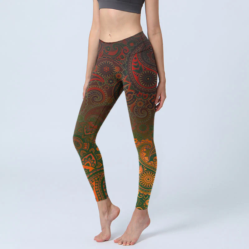 Buddha Stones Leggings da palestra con stampa paisley e fiori di anacardi, pantaloni da yoga da donna