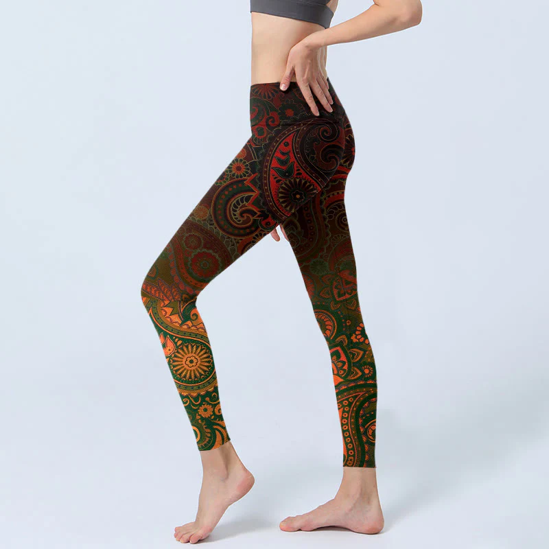 Buddha Stones Leggings da palestra con stampa paisley e fiori di anacardi, pantaloni da yoga da donna - Image 3