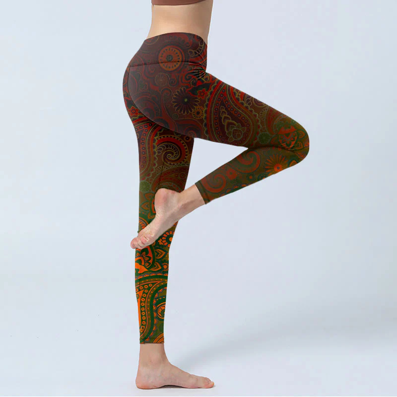 Buddha Stones Leggings da palestra con stampa paisley e fiori di anacardi, pantaloni da yoga da donna - Image 4