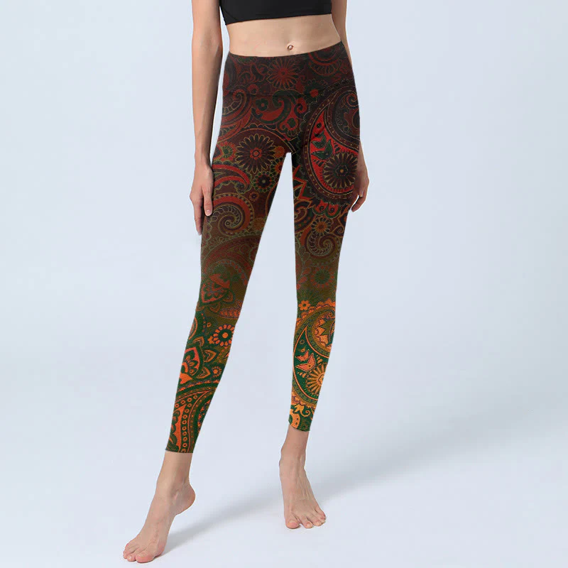 Buddha Stones Leggings da palestra con stampa paisley e fiori di anacardi, pantaloni da yoga da donna - Image 6