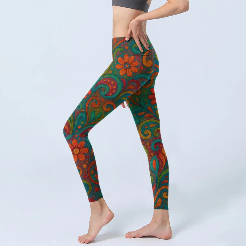 Buddha Stones Leggings da palestra con stampa paisley e fiori vorticosi e vivaci, pantaloni da yoga da donna - Image 3