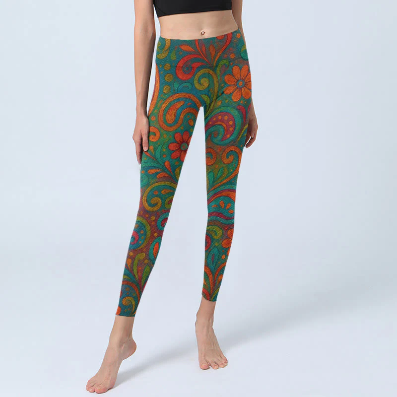 Buddha Stones Leggings da palestra con stampa paisley e fiori vorticosi e vivaci, pantaloni da yoga da donna - Image 6