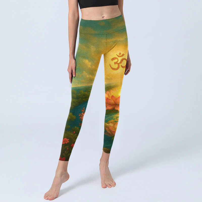 Buddha Stones Leggings da palestra con stampa simmetrica del simbolo Om, fiore di loto, piccolo albero di fiori, motivo a nuvola, pantaloni da yoga da donna - Image 6
