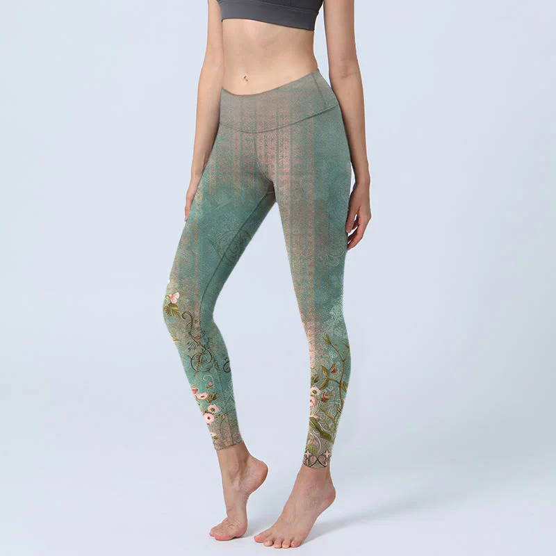 Buddha Stones Leggings da palestra con stampa simmetrica retrò di fiori, foglie e recinzione, pantaloni da yoga da donna