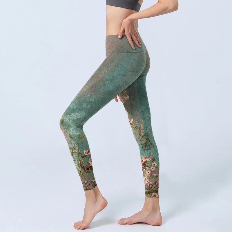 Buddha Stones Leggings da palestra con stampa simmetrica retrò di fiori, foglie e recinzione, pantaloni da yoga da donna - Image 3