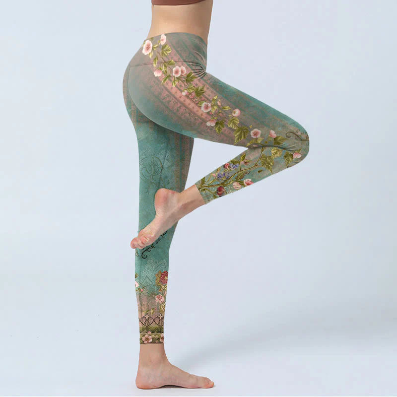 Buddha Stones Leggings da palestra con stampa simmetrica retrò di fiori, foglie e recinzione, pantaloni da yoga da donna - Image 4