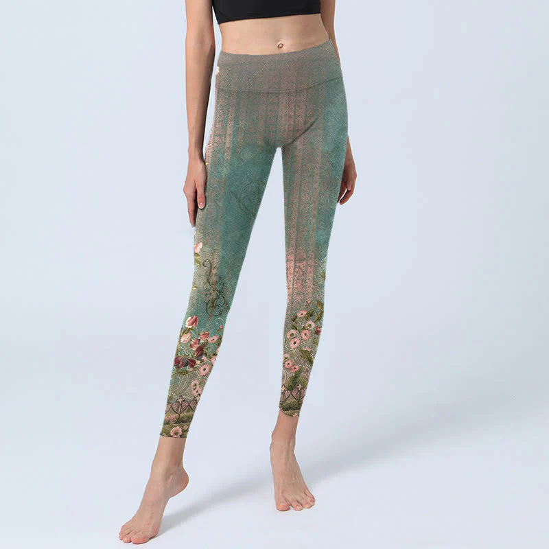 Buddha Stones Leggings da palestra con stampa simmetrica retrò di fiori, foglie e recinzione, pantaloni da yoga da donna - Image 6