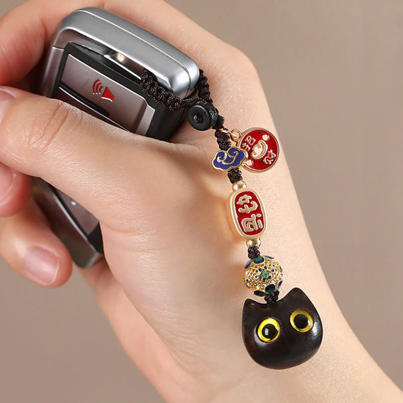 Buddha Stones Legno di ebano Gatto fortunato Nuvola di buon auspicio Pace Portachiavi Telefono Decorazione da appendere - Image 6